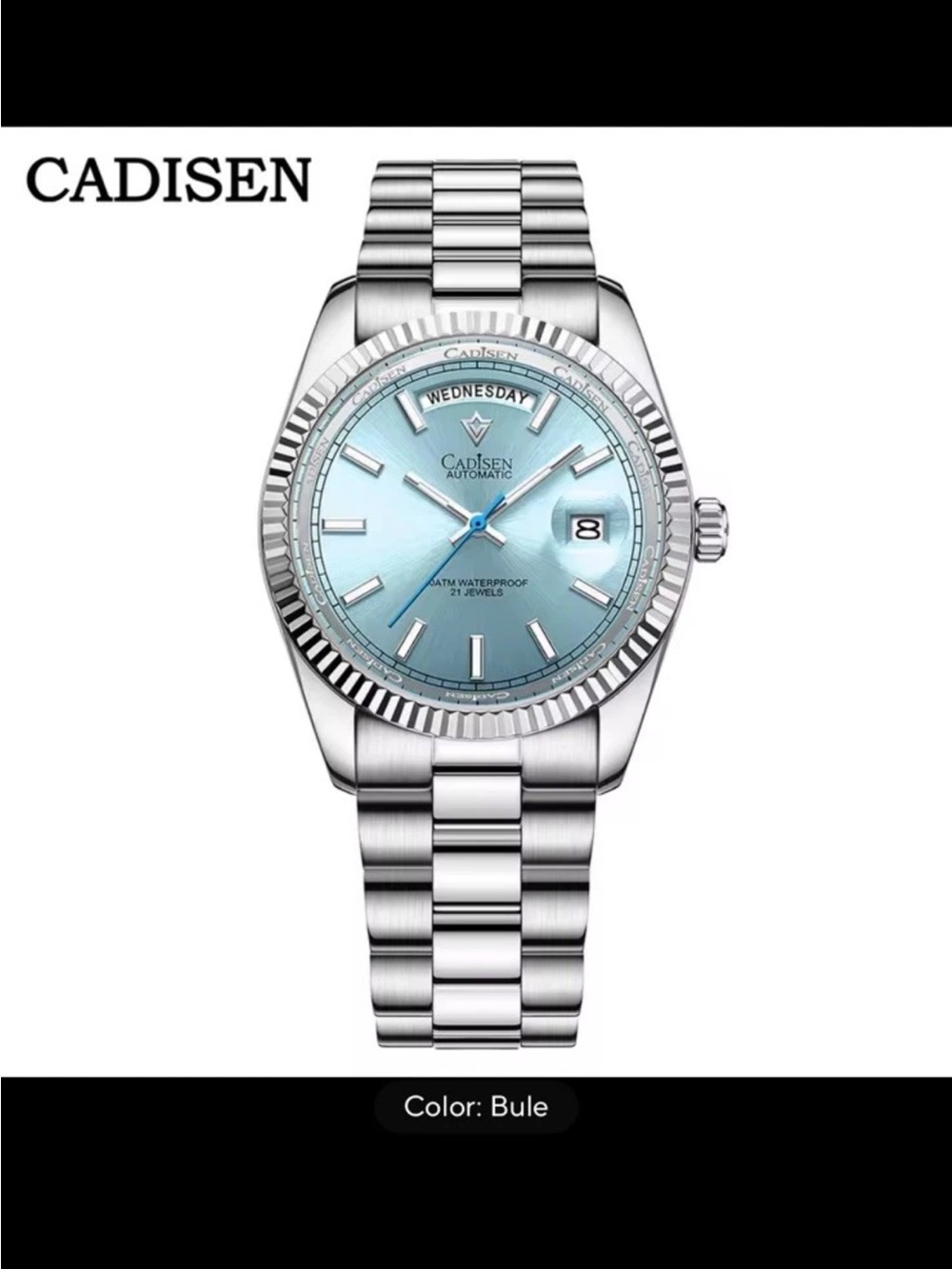 Cadisen Presidential day date Automatic Stainless Steel Watch - Light Blue Dial